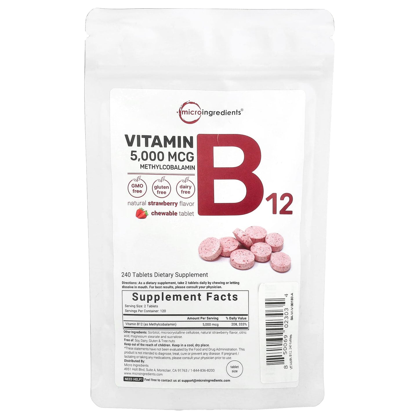 Micro Ingredients, Vitamin B12 Methylcobalamin, Strawberry, 240 Chewable Tablets (2,500 mcg per Tablet) - Image 1