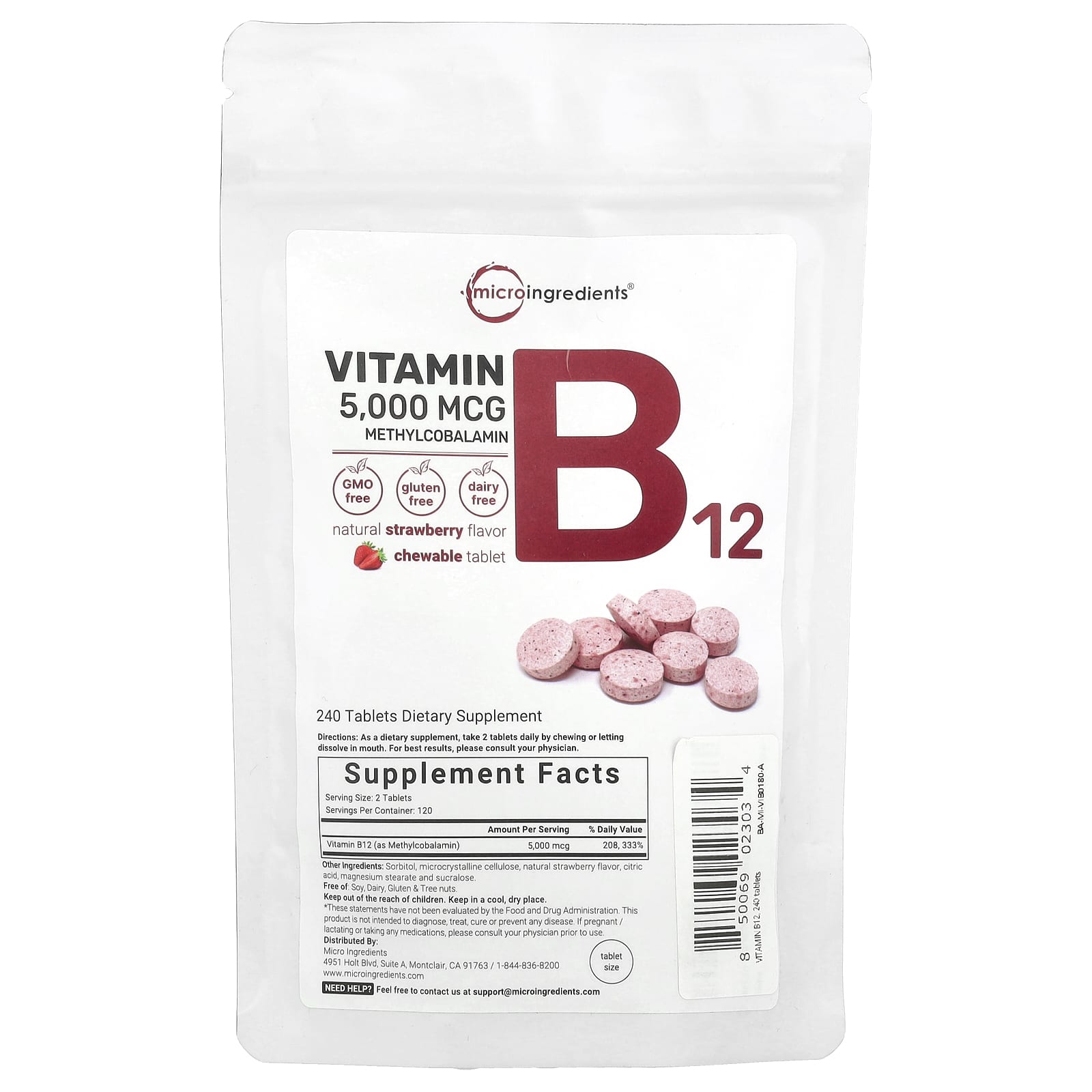 Micro Ingredients, Vitamin B12 Methylcobalamin, Strawberry, 240 Chewable Tablets (2,500 mcg per Tablet) - Image 1