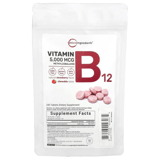 Micro Ingredients, Vitamin B12 Methylcobalamin, Strawberry, 240 Chewable Tablets (2,500 mcg per Tablet) - Image 1