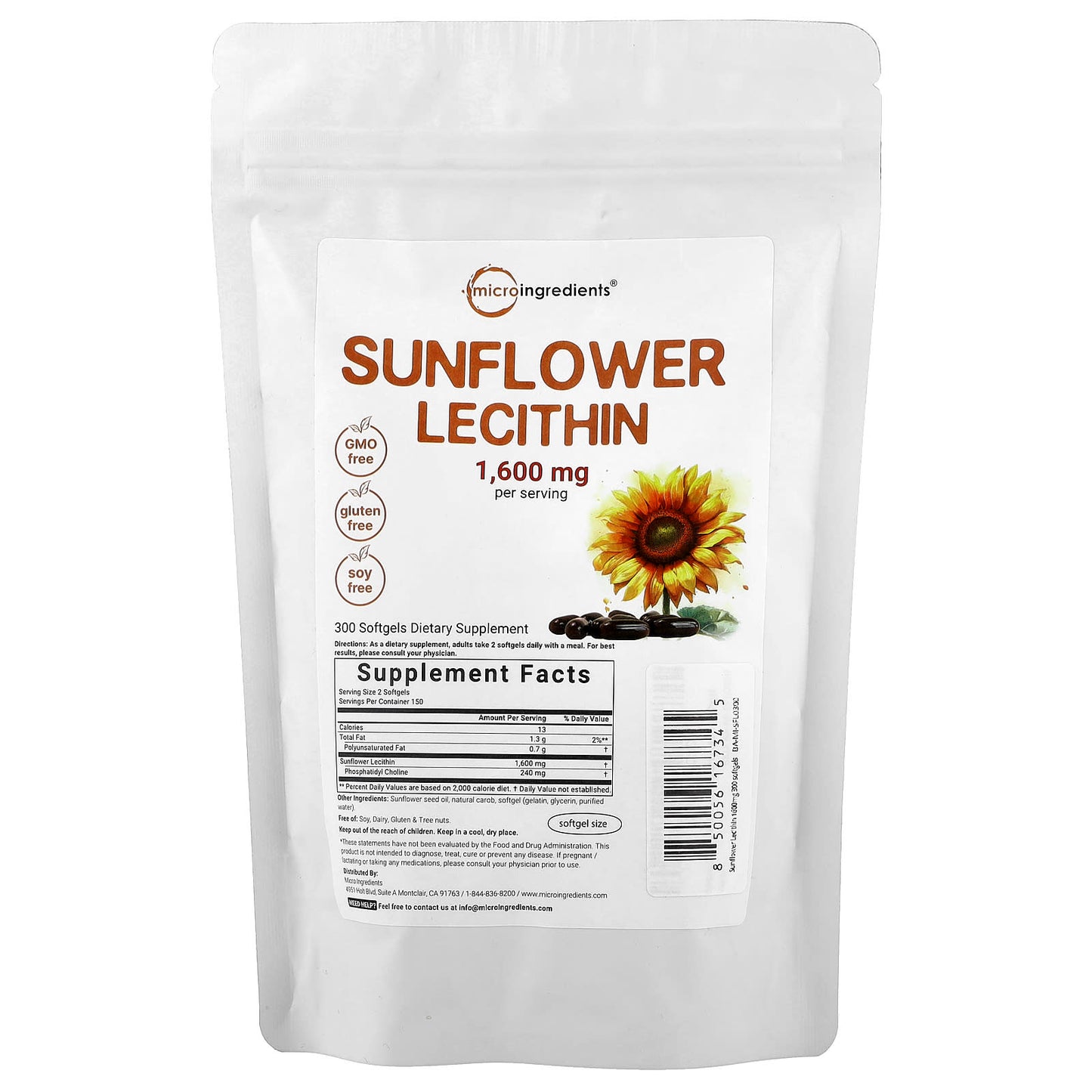 Micro Ingredients, Sunflower Lecithin, 300 Softgels (800 mg per Softgel) - Image 1