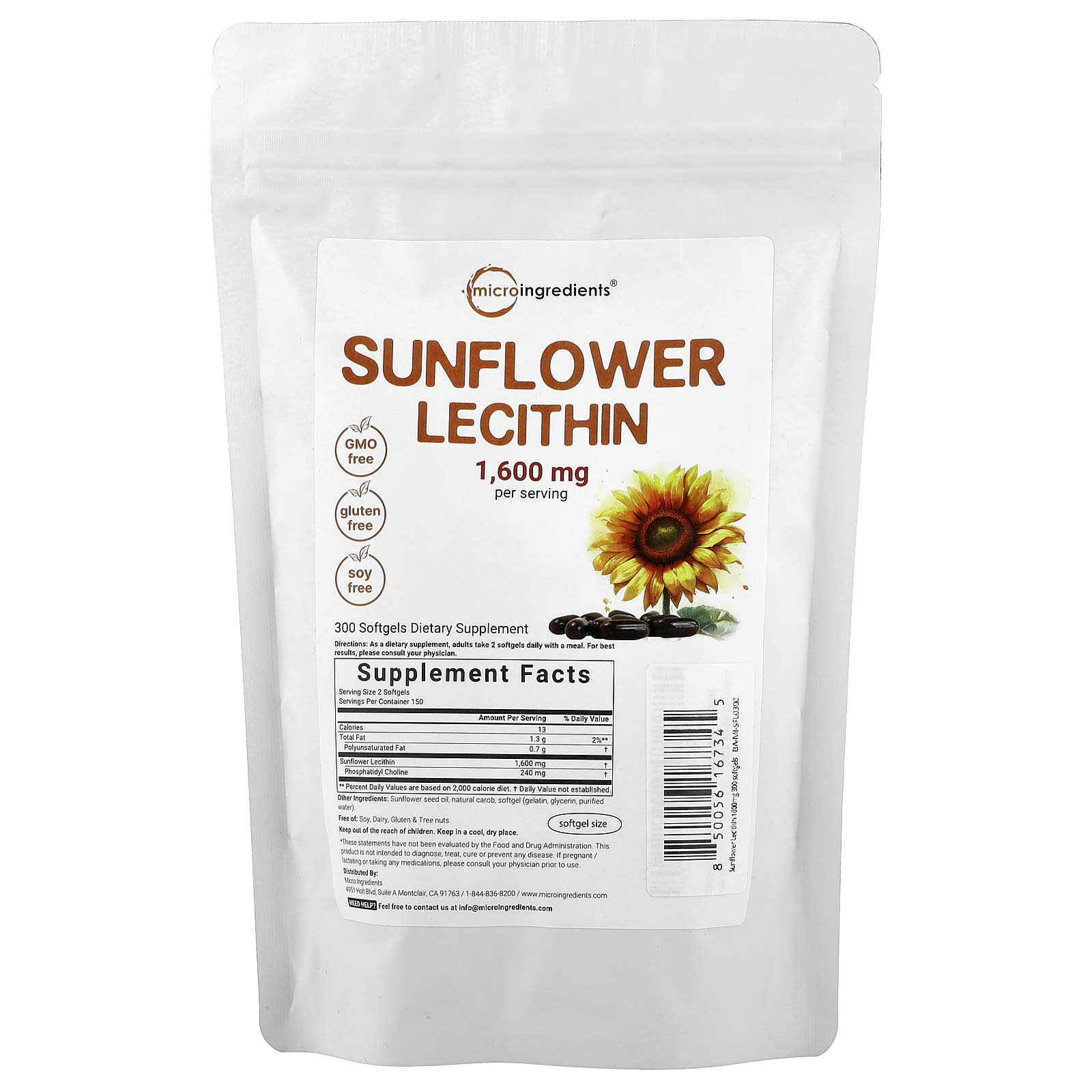 Micro Ingredients, Sunflower Lecithin, 300 Softgels (800 mg per Softgel) - Image 1
