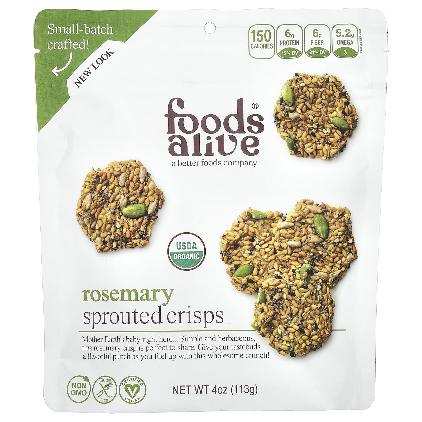 Organic Sprouted Crisps with Rosemary, 4 oz (113g) - Image 1