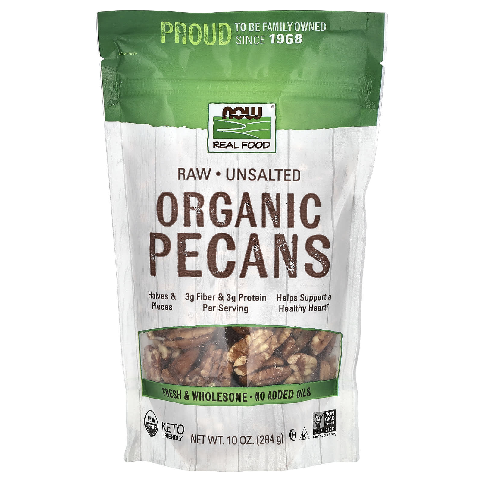 NOW Foods, Organic Raw Pecans, Unsalted, 10 oz (284 g) - Image 1