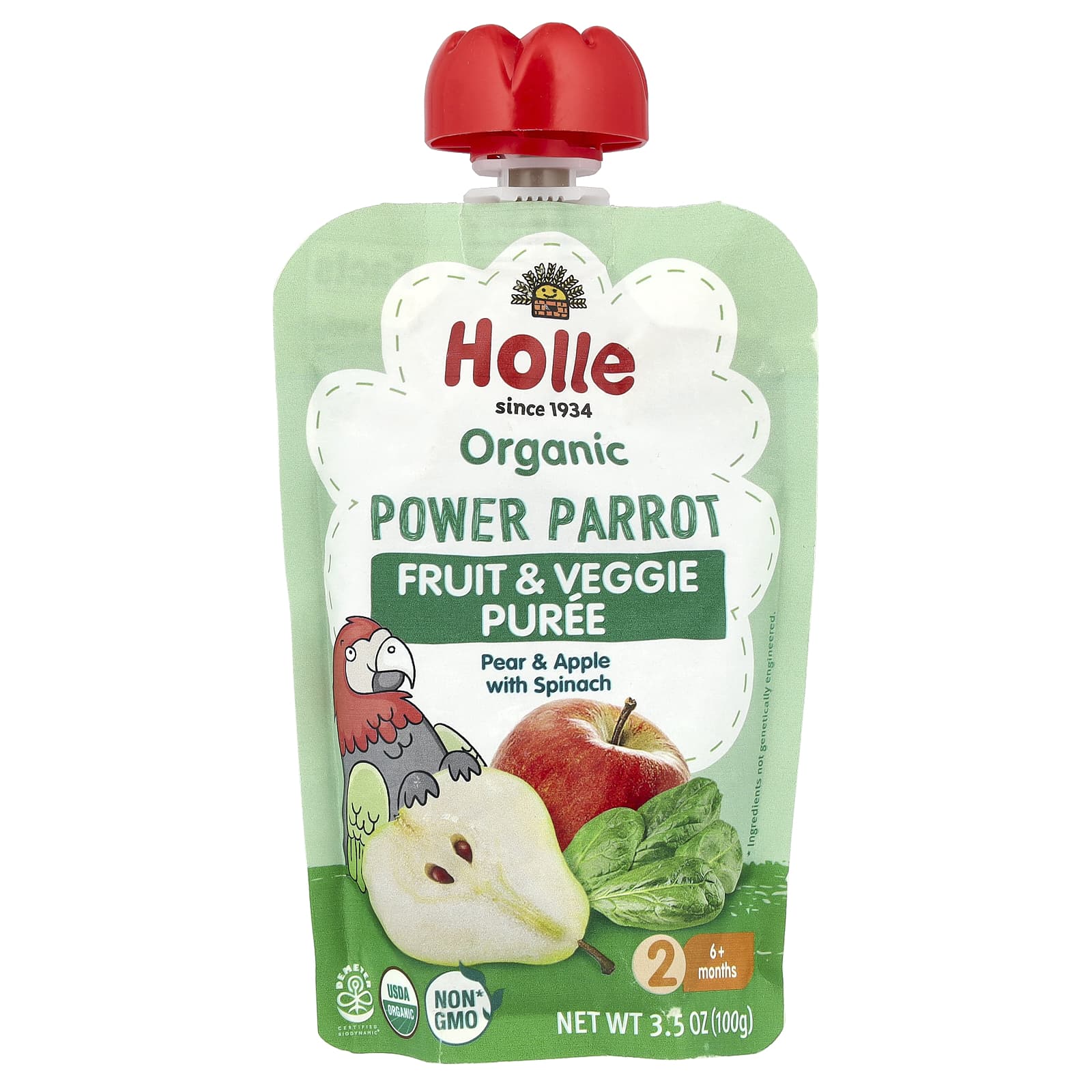 Holle Organic Fruit & Veggie Puree for Babies, 6+ Months, Pear & Apple with Spinach - Image 1