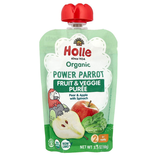 Holle Organic Fruit & Veggie Puree for Babies, 6+ Months, Pear & Apple with Spinach - Image 1