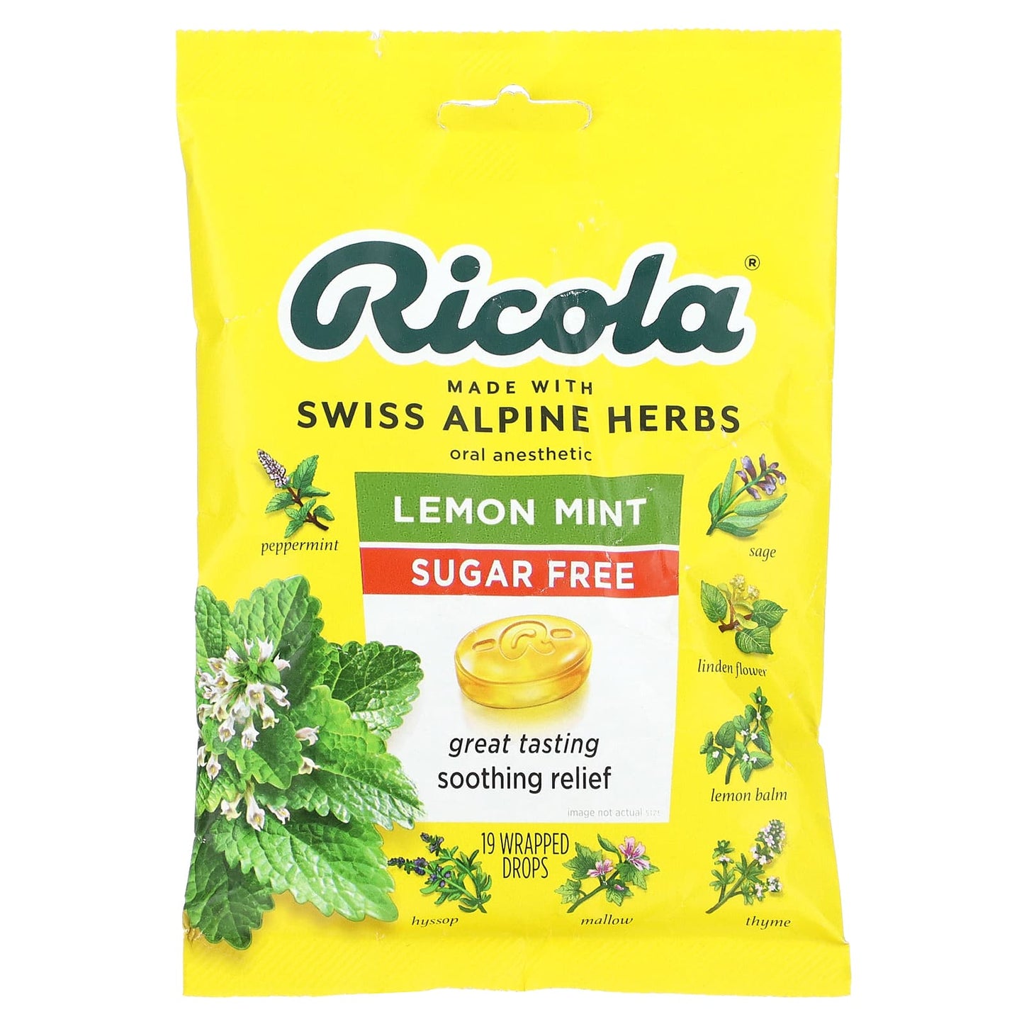 Ricola, Oral Anesthetic, Sugar Free, Lemon Mint, 1.1 mg, 19 Wrapped Drops - Image 1