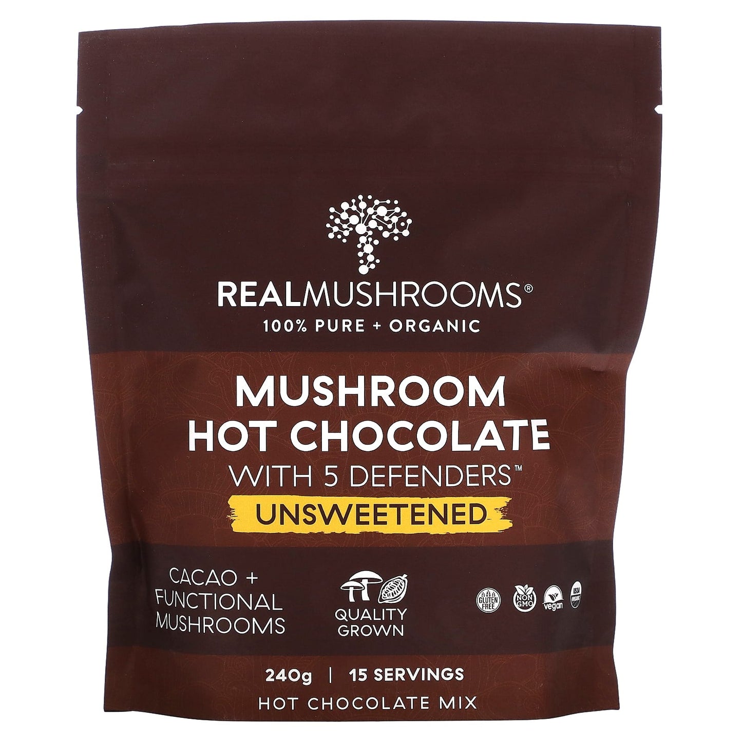 Real Mushrooms, Mushroom Hot Chocolate with 5 Defenders, Unsweetened, 240 g - Image 1