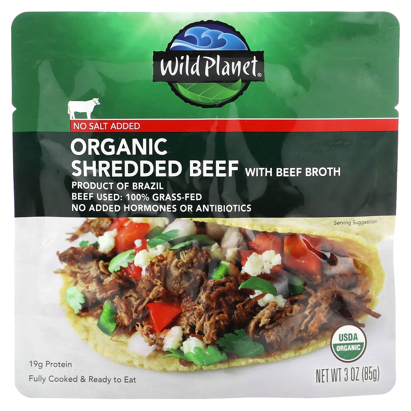 Wild Planet, Organic Shredded Beef with Beef Broth, No Salt Added, 3 oz (85 g) - Image 1