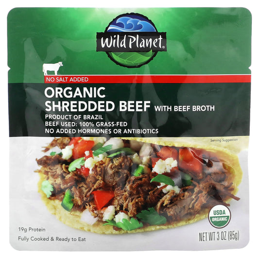 Wild Planet, Organic Shredded Beef with Beef Broth, No Salt Added, 3 oz (85 g) - Image 1