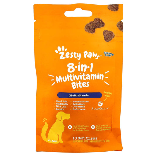 Zesty Paws, 8-in-1 Multivitamin Bites, For Dogs, All Ages, Chicken, 10 Soft Chews, 1.2 oz (35 g) - Image 1