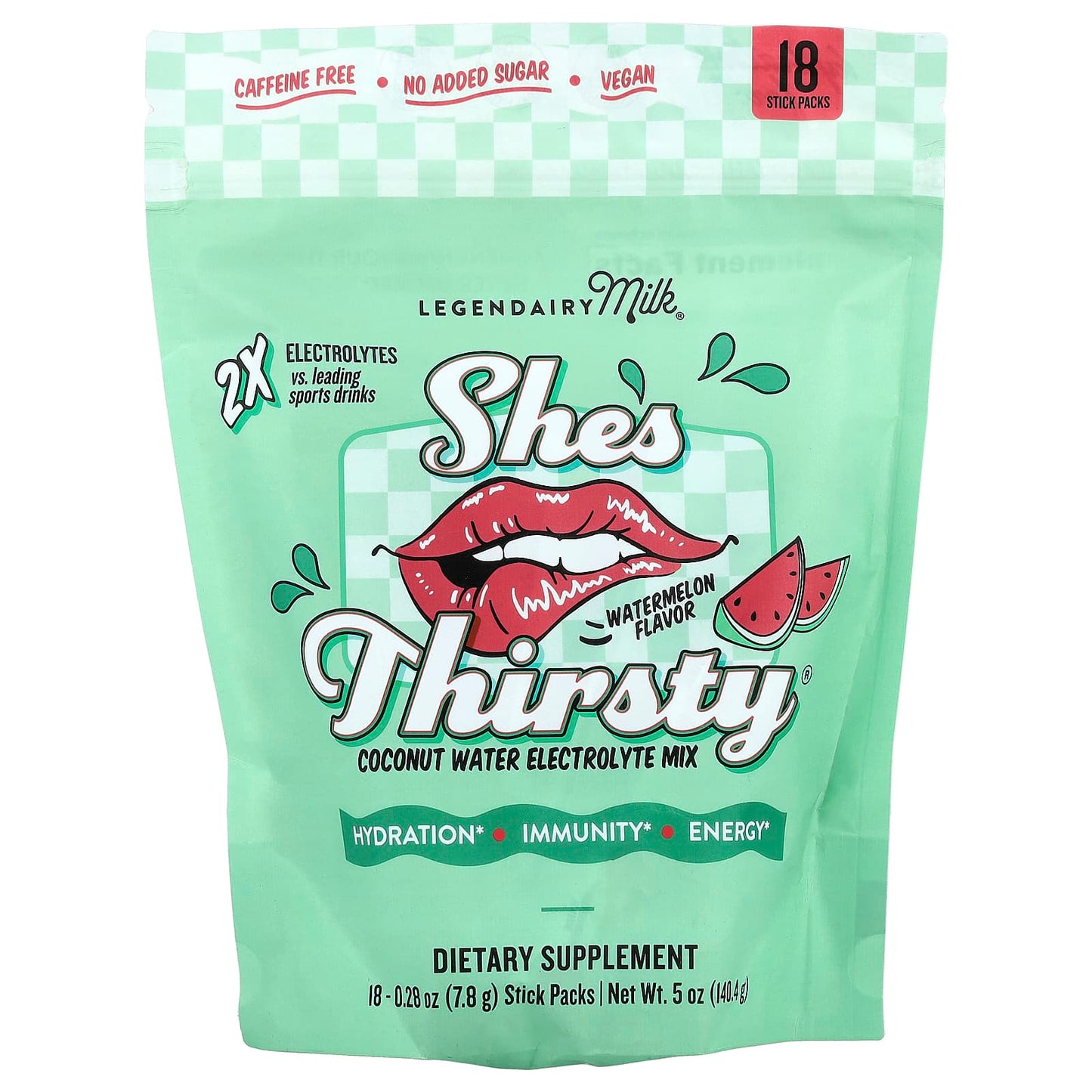 Legendairy Milk, She's Thirsty®, Coconut Water Electrolyte Mix, Watermelon, 18 Stick Packs, 0.28 oz (7.8 g) Each
