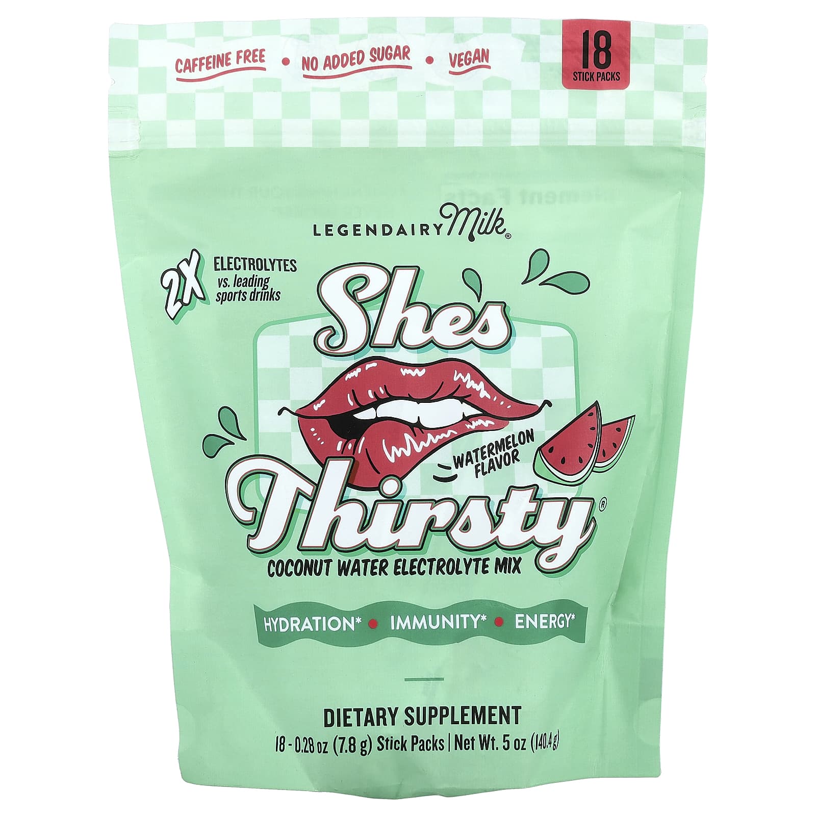 Legendairy Milk, She's Thirsty®, Coconut Water Electrolyte Mix, Watermelon, 18 Stick Packs, 0.28 oz (7.8 g) Each
