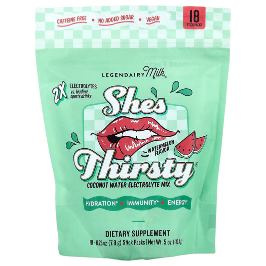Legendairy Milk, She's Thirsty®, Coconut Water Electrolyte Mix, Watermelon, 18 Stick Packs, 0.28 oz (7.8 g) Each