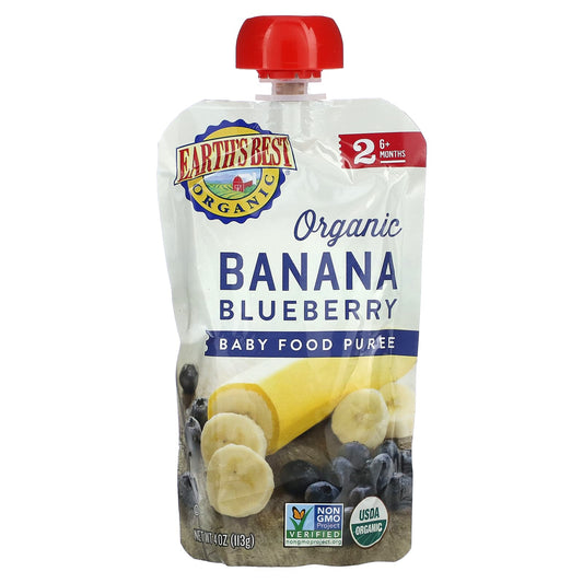 Organic Baby Food Puree, 6+ Months, Banana Blueberry, 4 oz (113g) - Earth's Best - Image 1