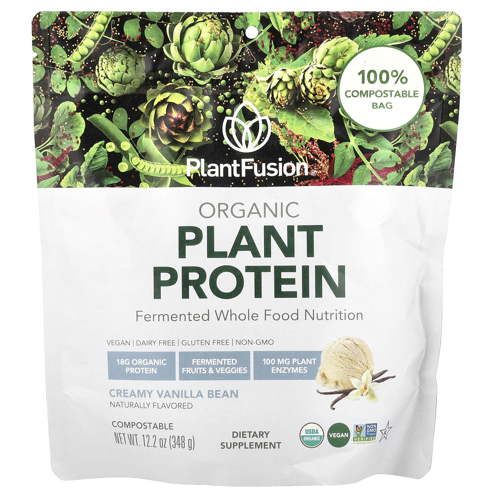 PlantFusion, Organic Plant Protein, Creamy Vanilla Bean , 12.2 oz (348 g) - Image 1