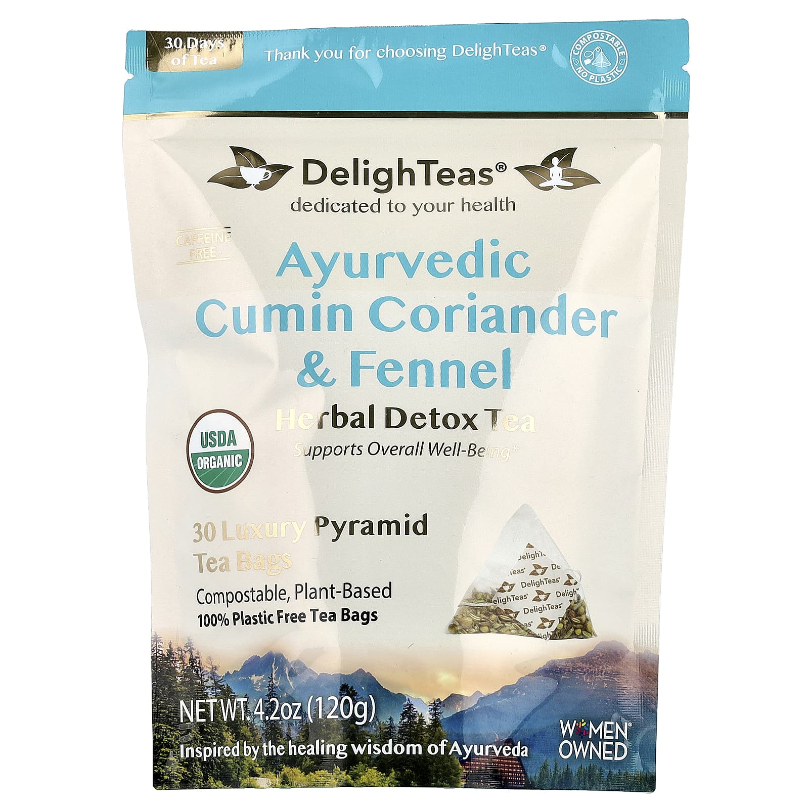 DelighTeas, Ayurvedic Cumin Coriander & Fennel, Herbal Detox Tea, Caffeine Free, 30 Luxury Pyramid Tea Bags, 4.2 oz (120 g)