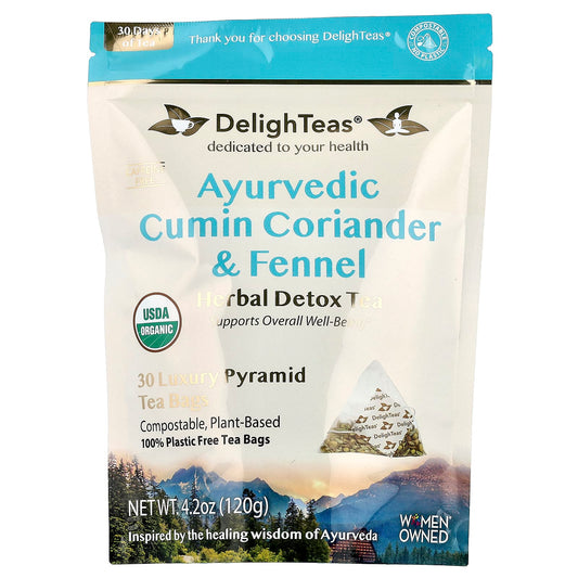 DelighTeas, Ayurvedic Cumin Coriander & Fennel, Herbal Detox Tea, Caffeine Free, 30 Luxury Pyramid Tea Bags, 4.2 oz (120 g)
