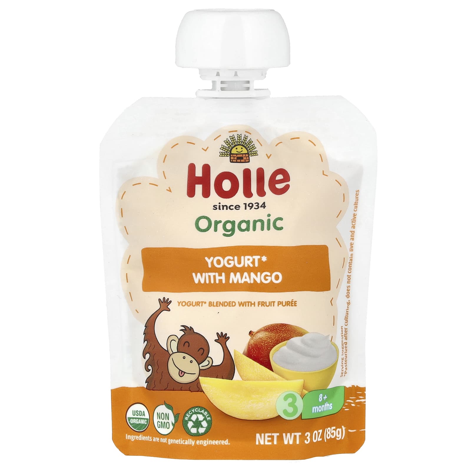 Holle Organic Yogurt with Mango for Babies & Toddlers, 8+ Months, 3 oz (85g) - Image 1
