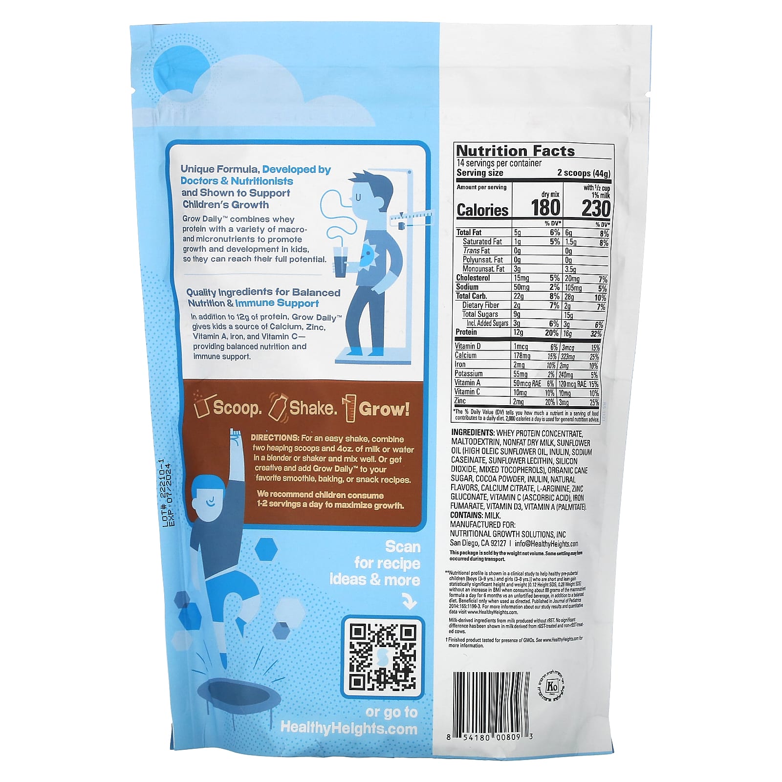 Healthy Heights Grow Daily Kids Whey Protein Mix 3+, Chocolate, 21.7 oz - Image 2