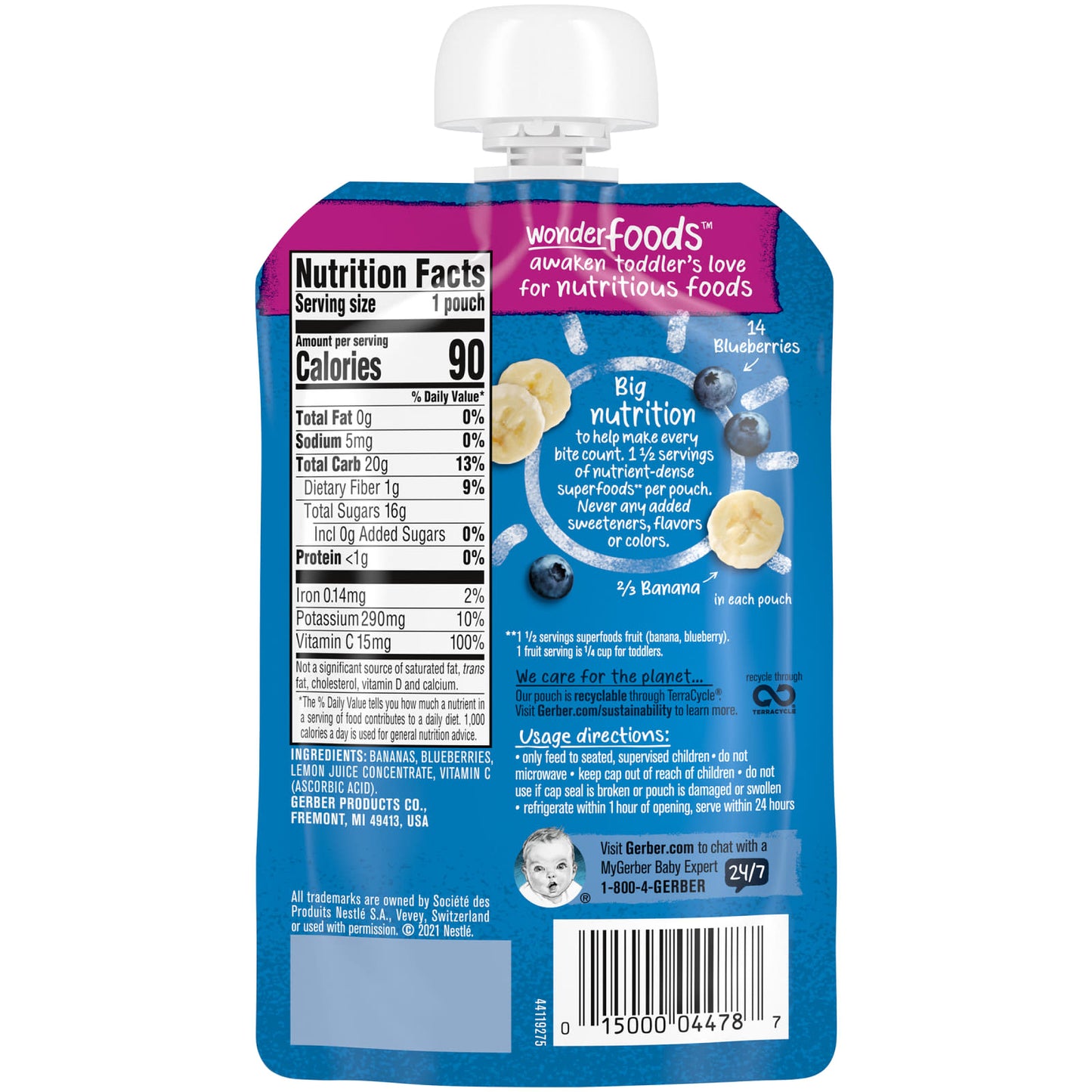 Gerber Toddler Wonder Foods, Natural Banana Blueberry Snack, 12+ Months, 3.5 oz - Image 2