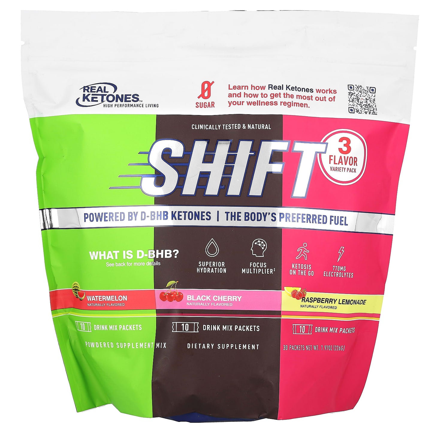 Real Ketones, Shift, Variety Pack, Watermelon, Black Cherry, Raspberry Lemonade, 30 Packets - Image 1