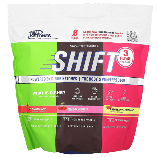 Real Ketones, Shift, Variety Pack, Watermelon, Black Cherry, Raspberry Lemonade, 30 Packets - Image 1