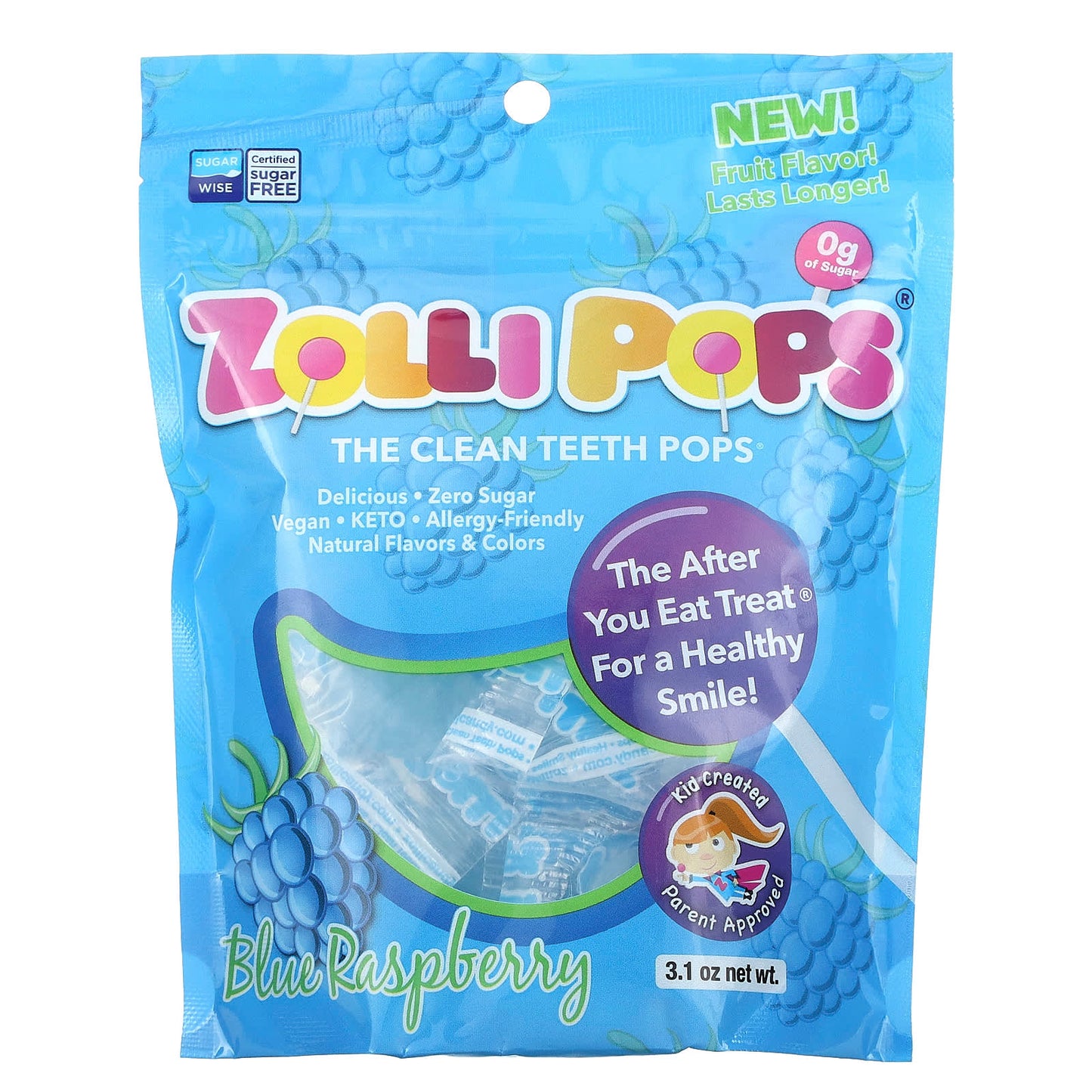 Zollipops, The Clean Teeth Pops, Blue Raspberry, 3.1 oz - Image 1