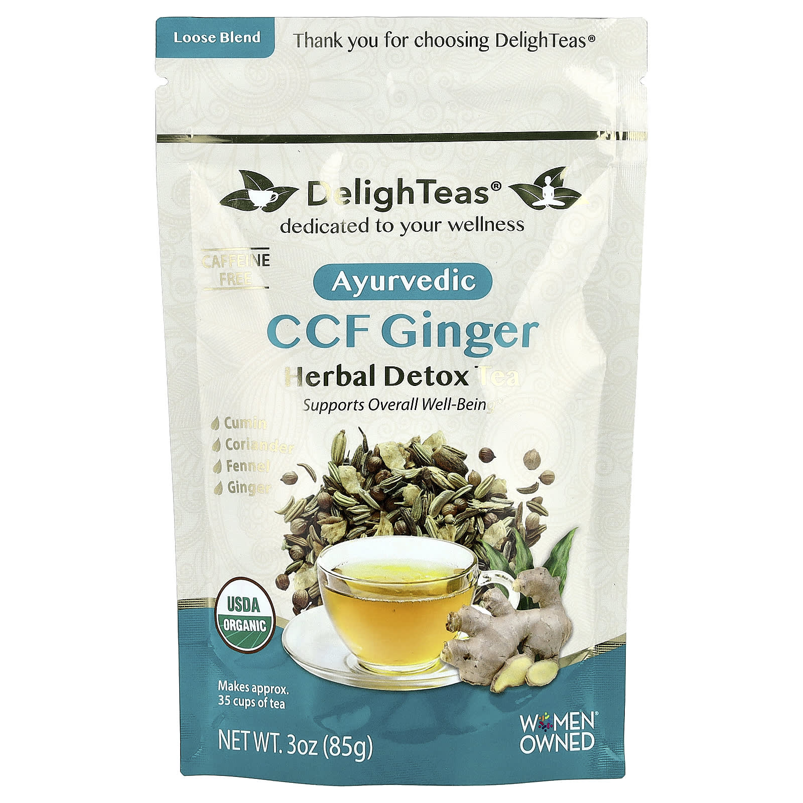 DelighTeas, Ayurvedic CCF Ginger, Herbal Detox Tea, Loose Blend, Caffeine Free, 3 oz (85 g)