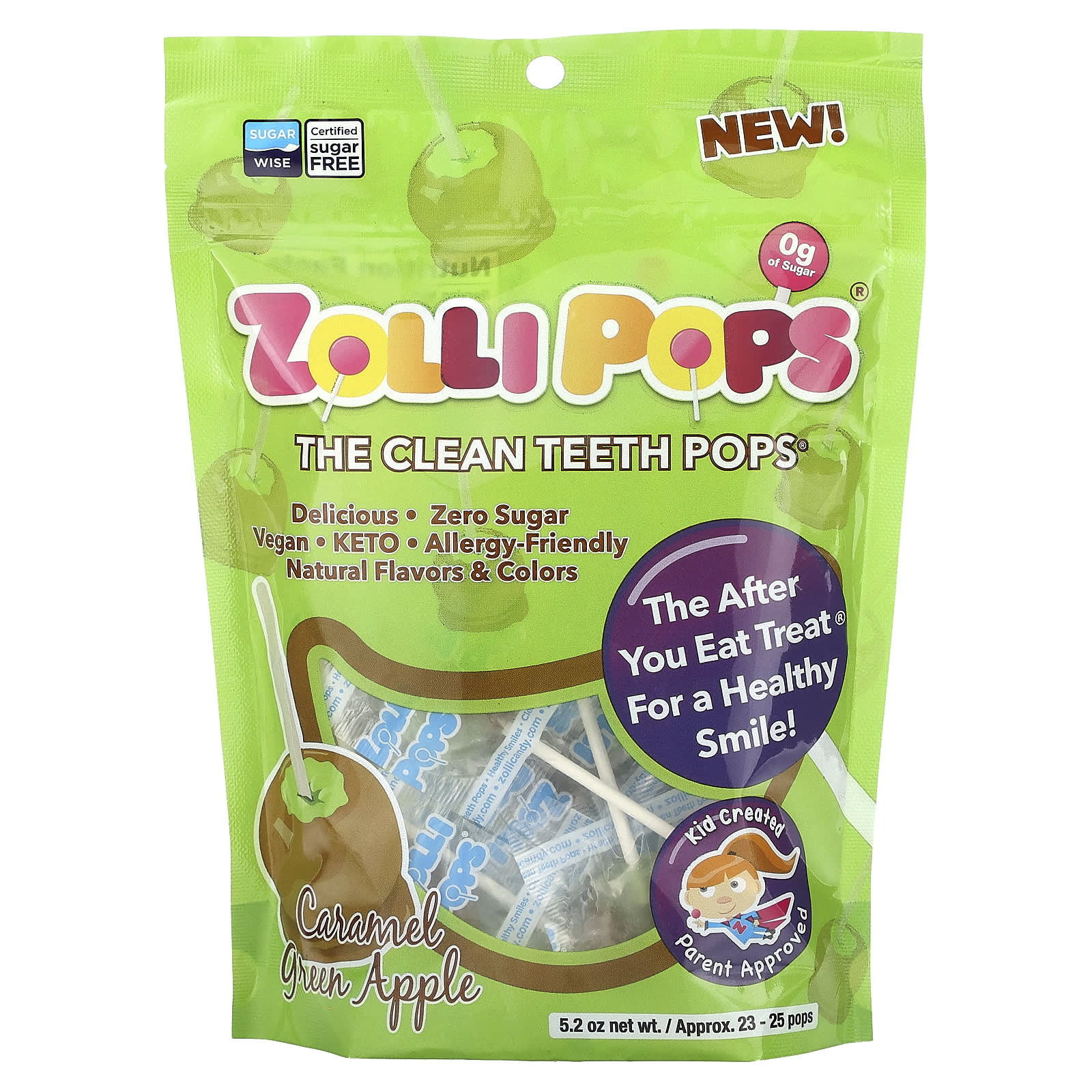 Zollipops, The Clean Teeth Pops, Caramel Green Apple, Approx. 23-25 Pops, 5.2 oz - Image 1