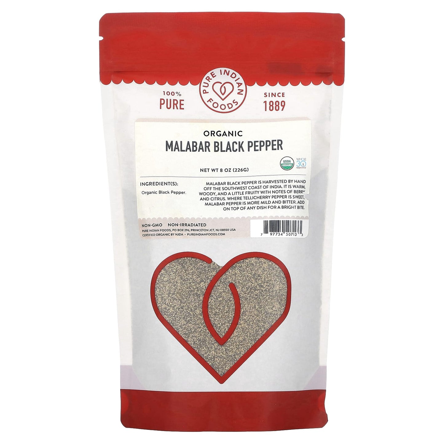 Pure Indian Foods, Organic Malabar Black Pepper, 8 oz (226 g) - Image 1