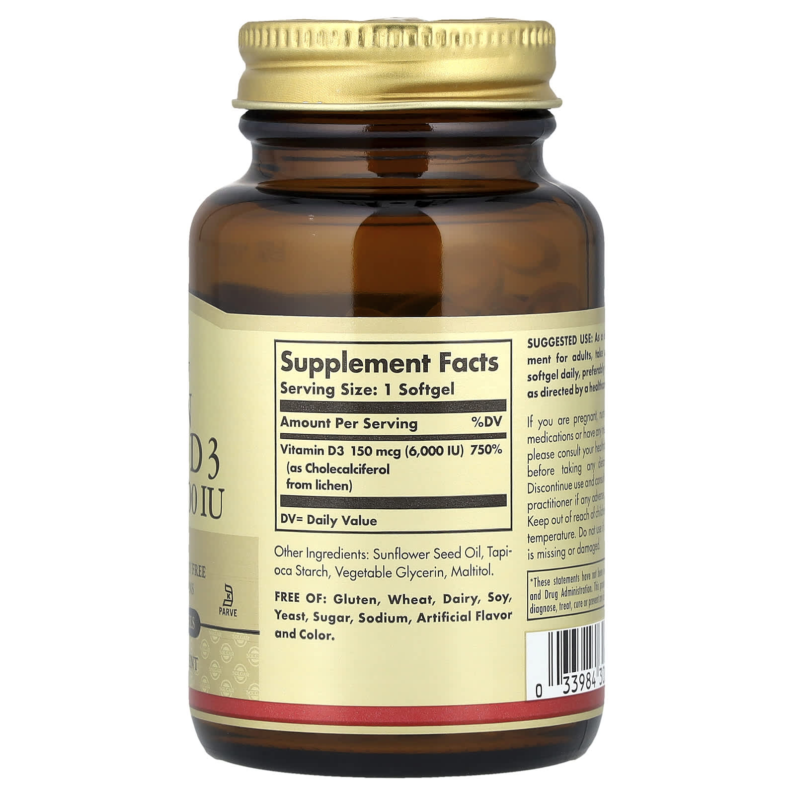 Solgar, Vegan Vitamin D3, 150 mcg  (6,000 IU), 100 Vegan Softgels - Image 2