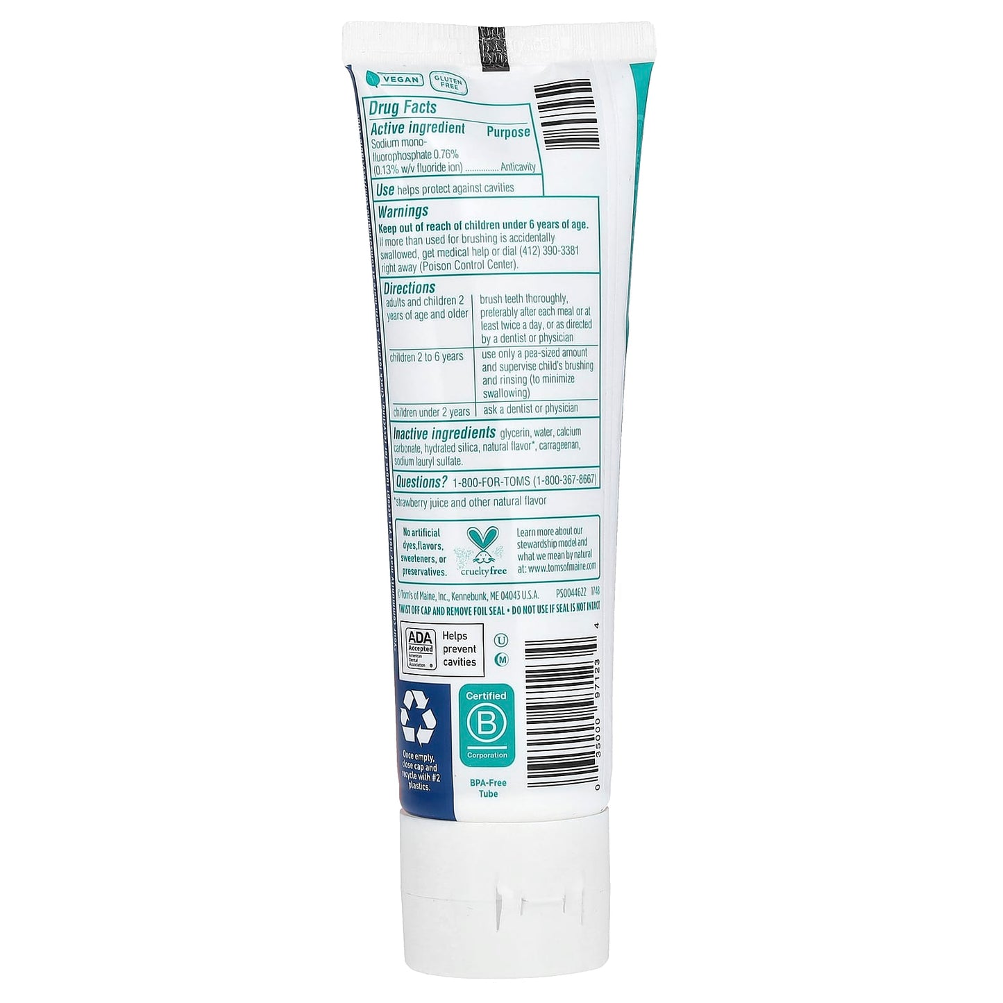 Tom's of Maine, Kid's Natural Fluoride Anticavity Toothpaste, Ages 2+, Silly Strawberry, 5.1 oz (144 g) - Image 2