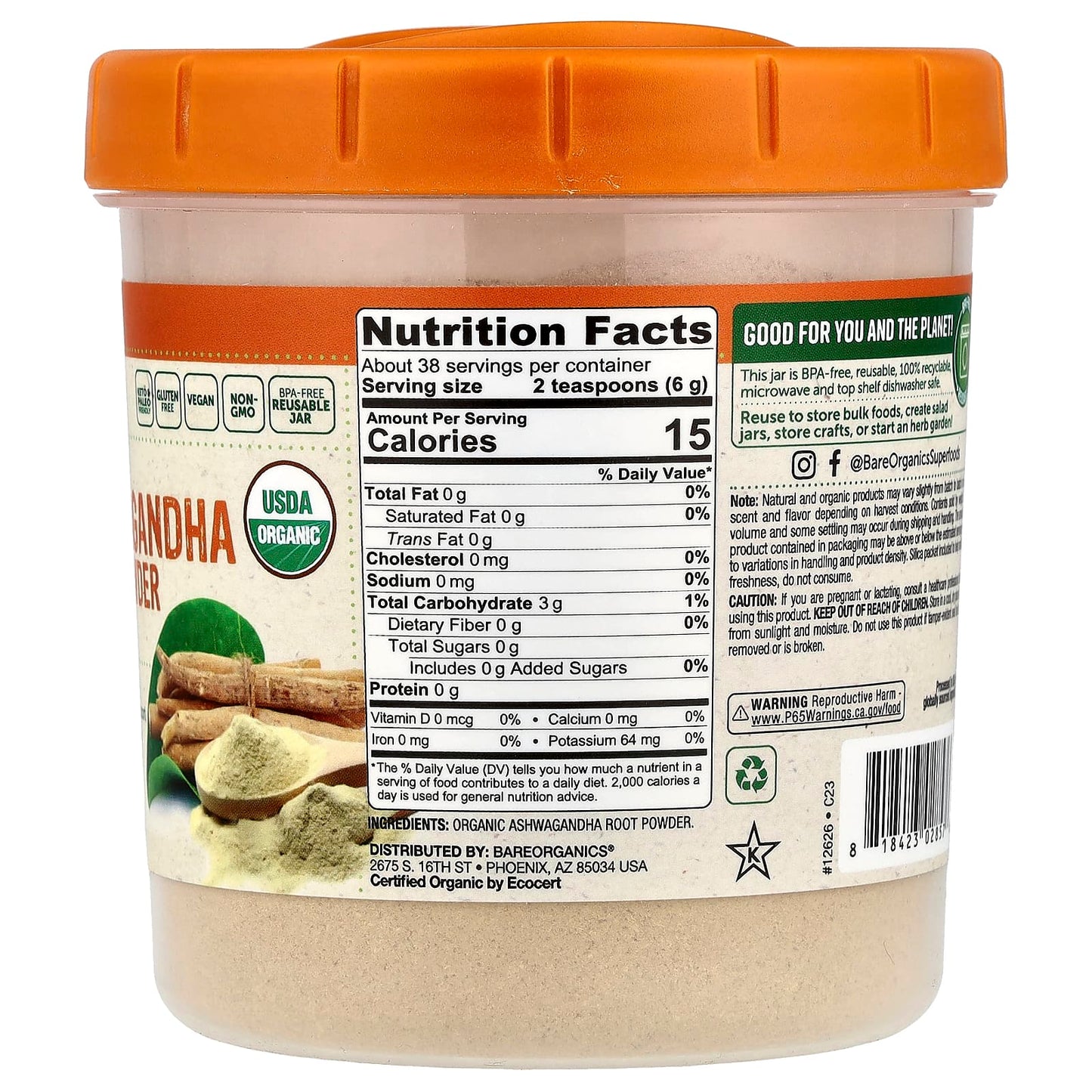 BareOrganics Organic Ashwagandha Root Powder - 8 oz (227g) - Image 2
