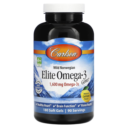 Carlson, Wild Norwegian, Elite Omega-3 Gems®, Natural Lemon, 1,600 mg, 180 Soft Gels (800 mg per Soft Gel)