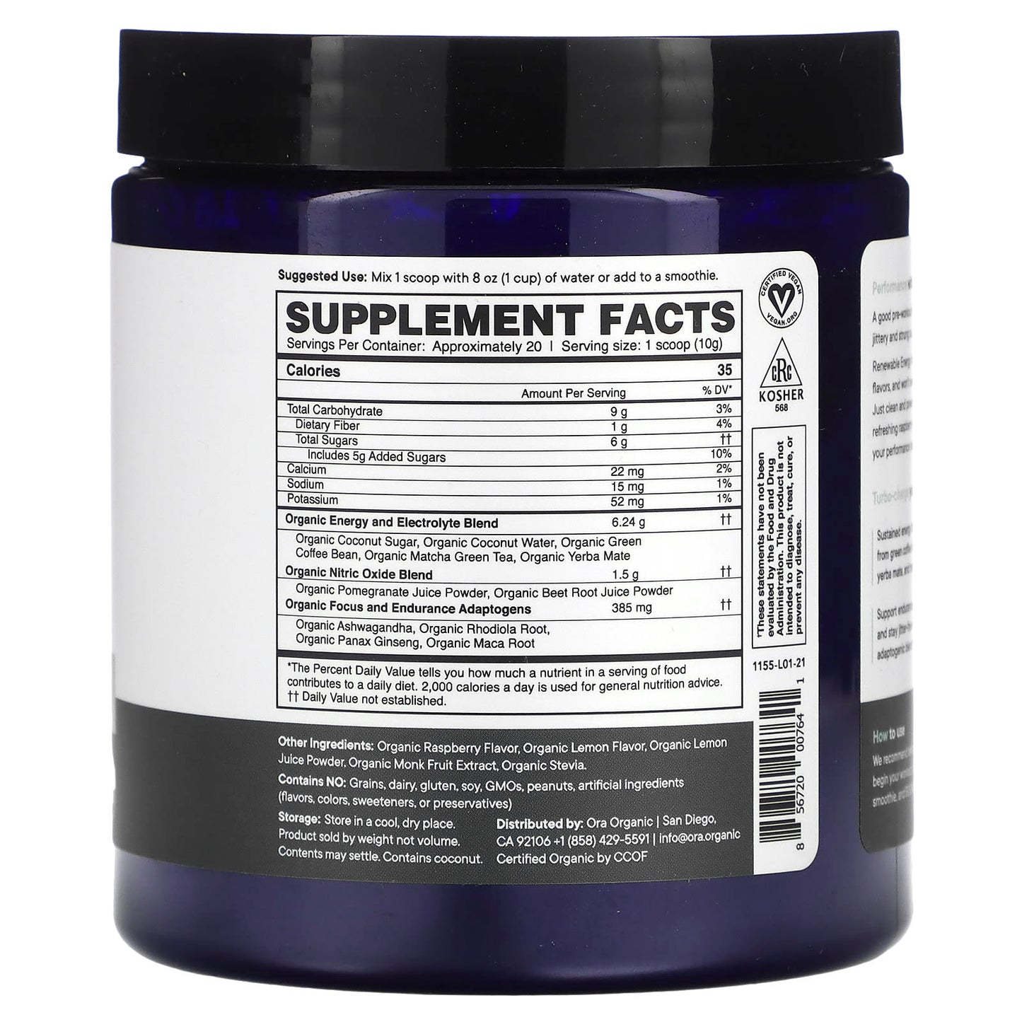 Ora, Renewable Energy, Performance Pre-Workout, Raspberry Lemonade, 7.1 oz (200 g) - Image 2