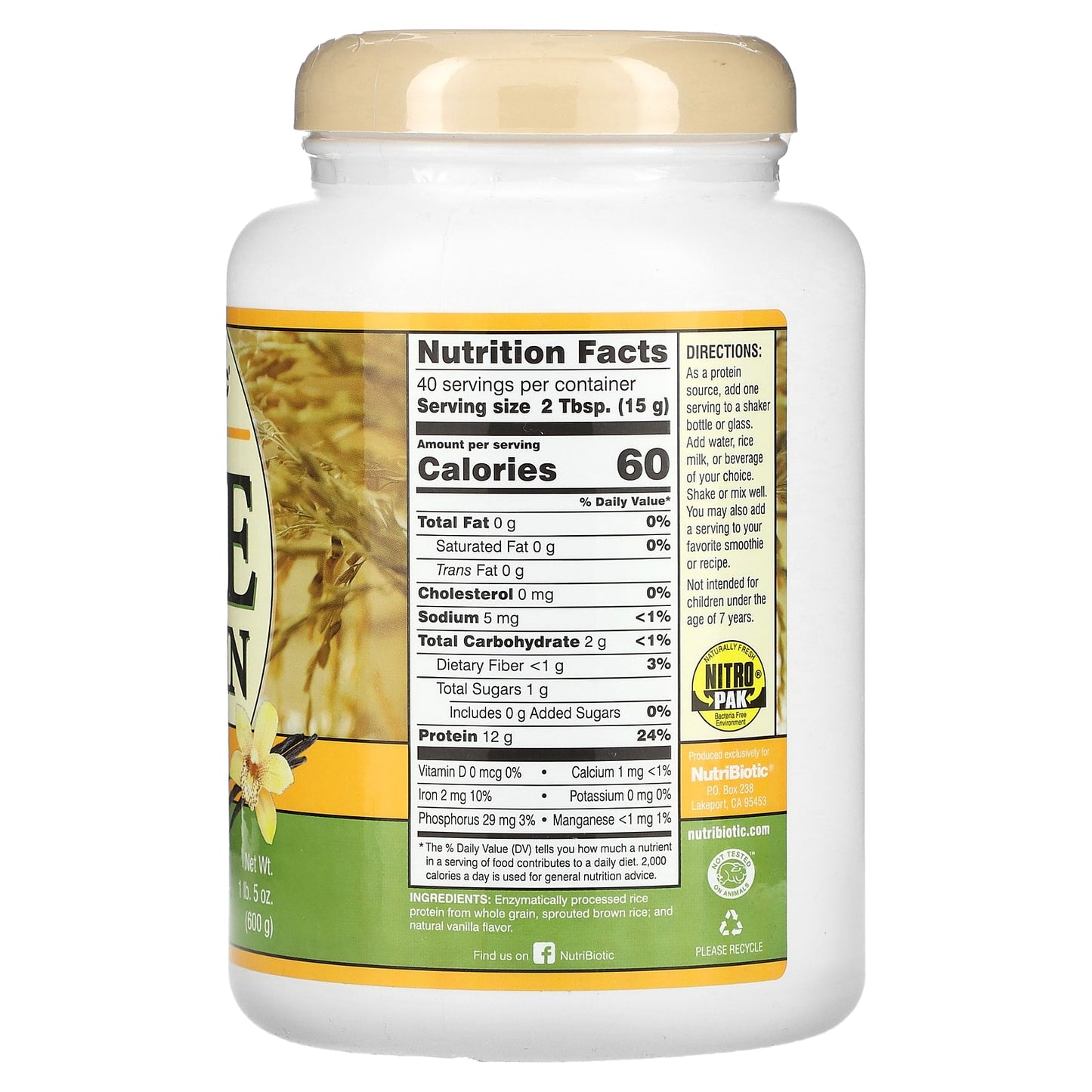 NutriBiotic, Raw Rice Protein, Vanilla, 1 lb 5 oz (600 g) - Image 2