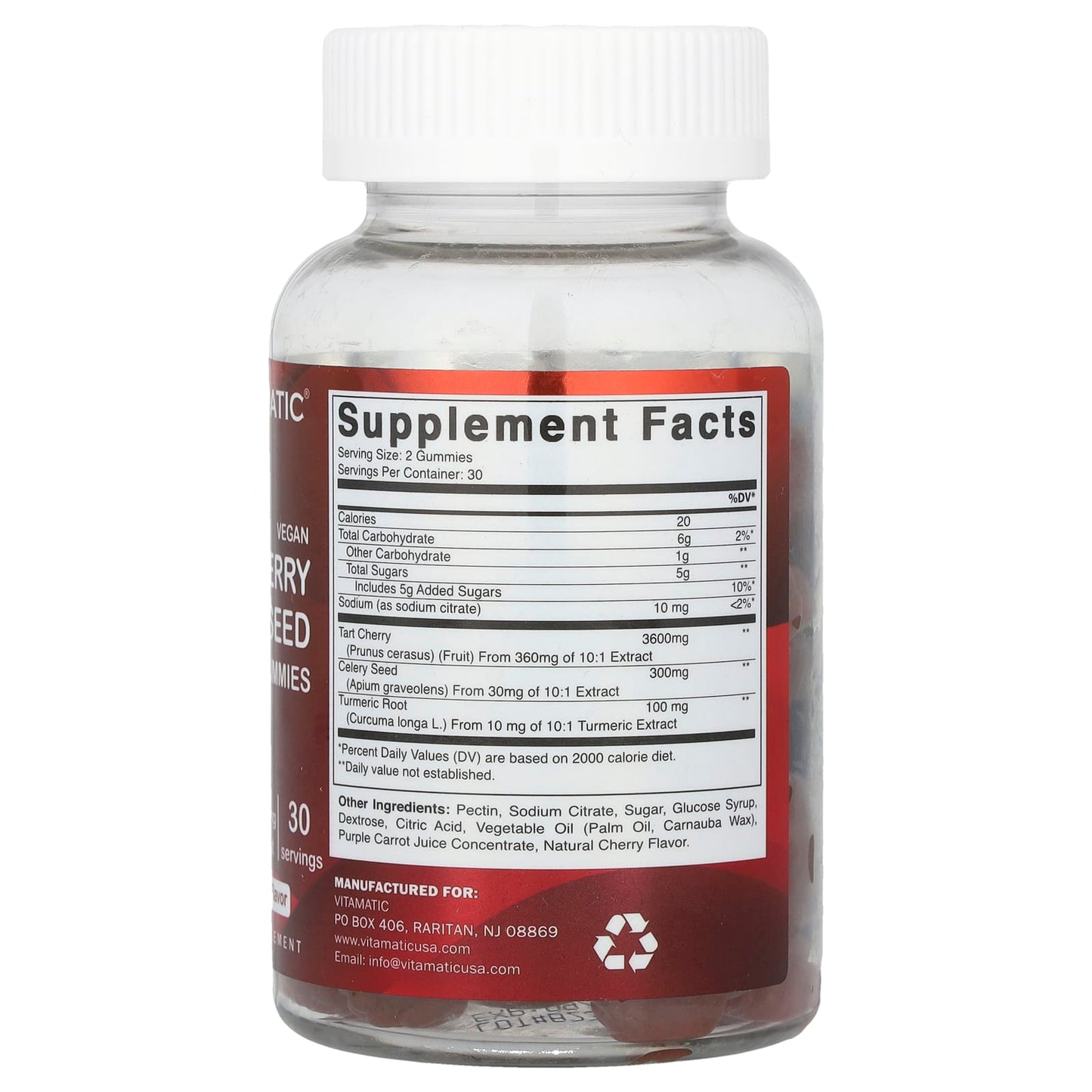 Vitamatic, Vegan, Tart Cherry Celery Seed Turmeric Gummies, Natural Cherry, 4,000 mg, 60 Gummies (2,000 mg per Gummy) - Image 2
