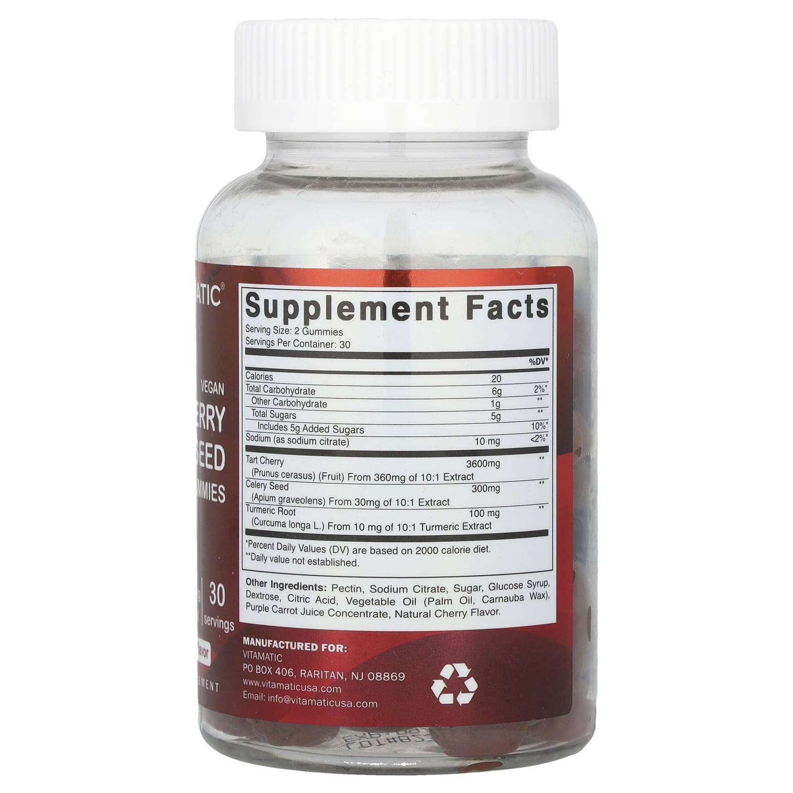 Vitamatic, Vegan, Tart Cherry Celery Seed Turmeric Gummies, Natural Cherry, 4,000 mg, 60 Gummies (2,000 mg per Gummy) - Image 2