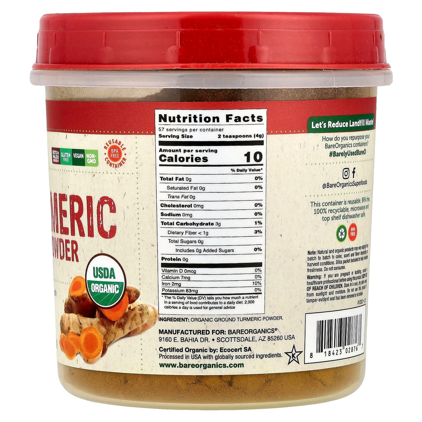 BareOrganics USDA Organic Turmeric Root Powder, 8 oz, Supports Joint Health - Image 2