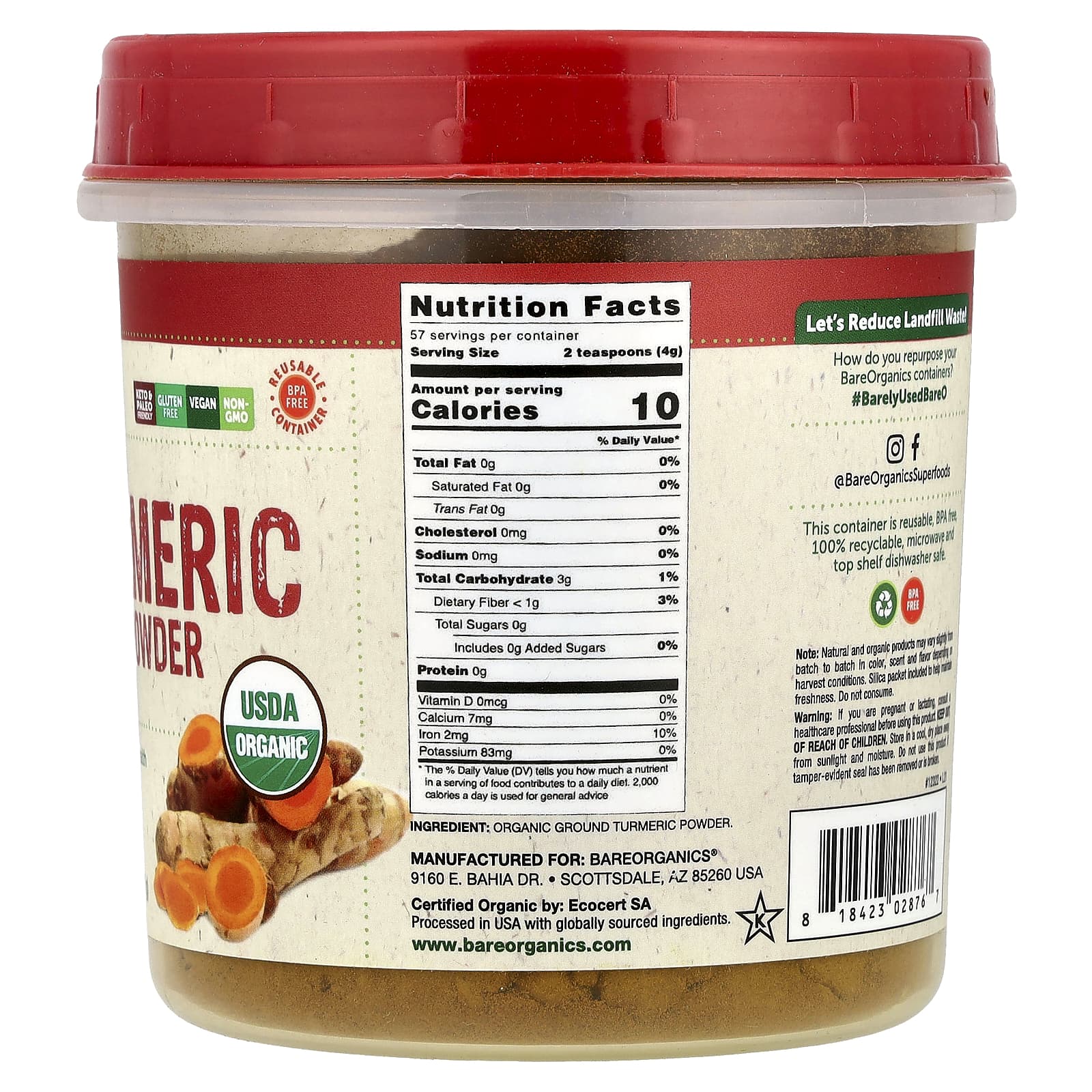 BareOrganics USDA Organic Turmeric Root Powder, 8 oz, Supports Joint Health - Image 2