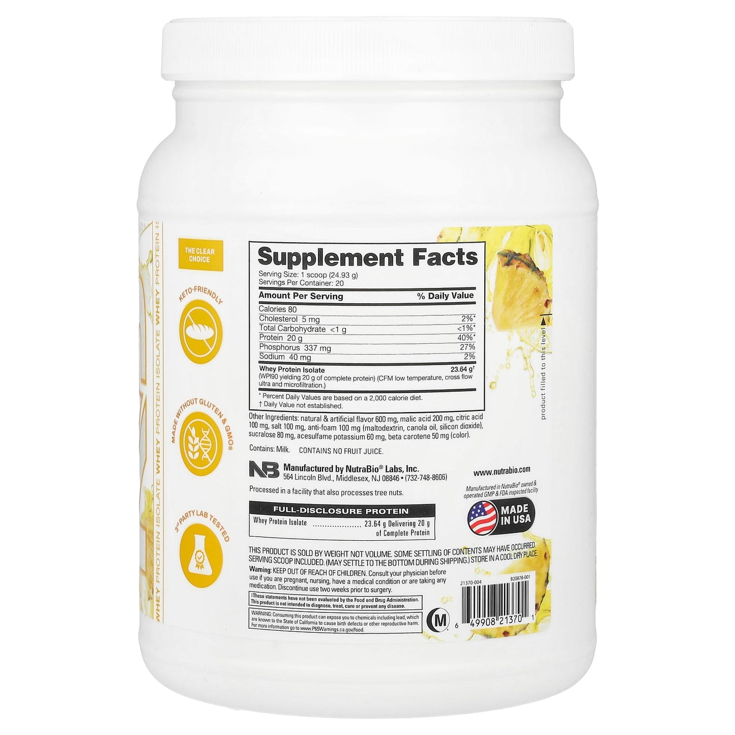 NutraBio, Performance, Clear Protein, Pineapple Splash, 1.1 lb (499 g) - Image 2