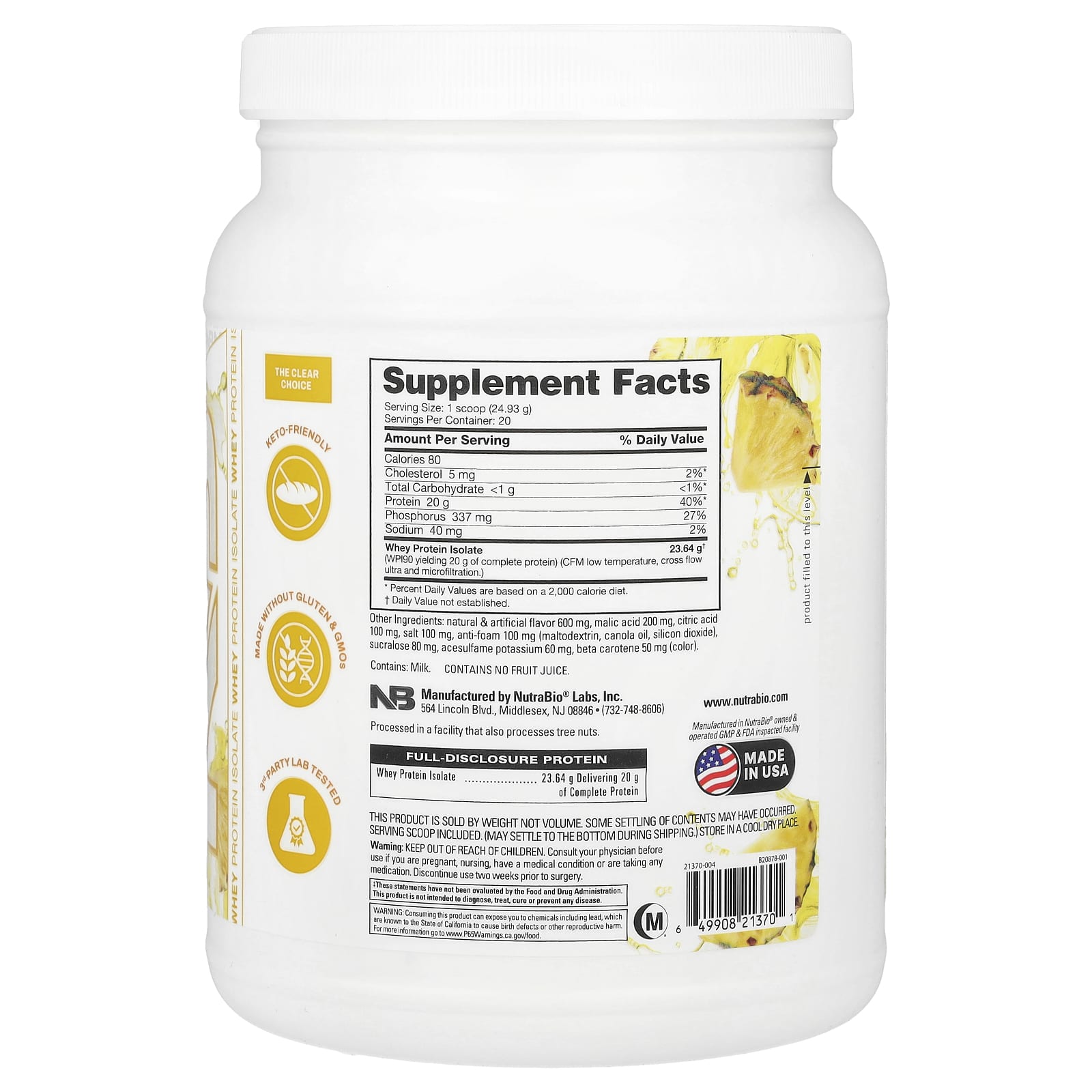 NutraBio, Performance, Clear Protein, Pineapple Splash, 1.1 lb (499 g) - Image 2