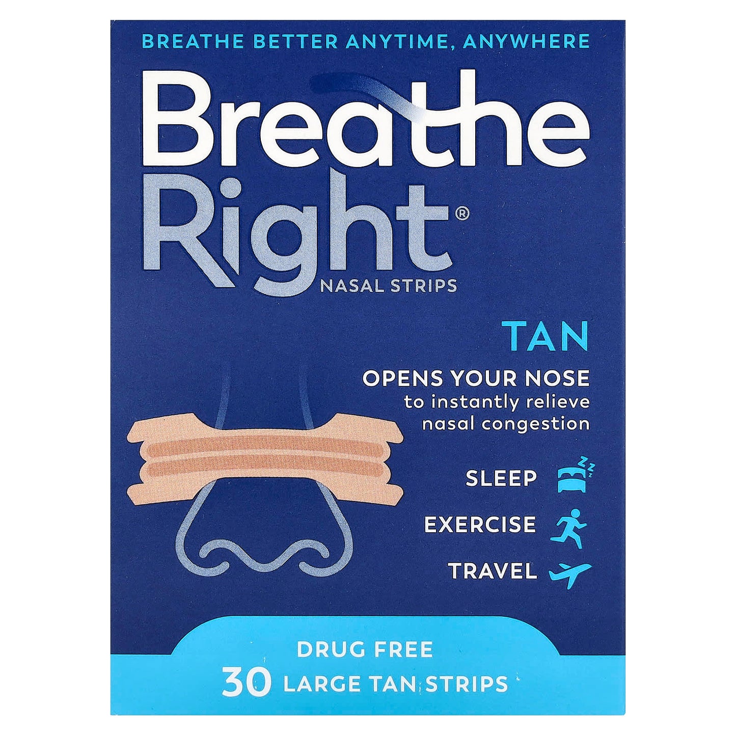Relieve Nasal Congestion with Breathe Right Nasal Strips - Large, 30 Strips - Image 1