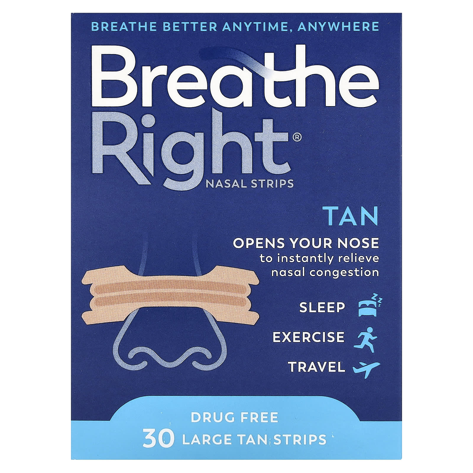 Relieve Nasal Congestion with Breathe Right Nasal Strips - Large, 30 Strips - Image 1
