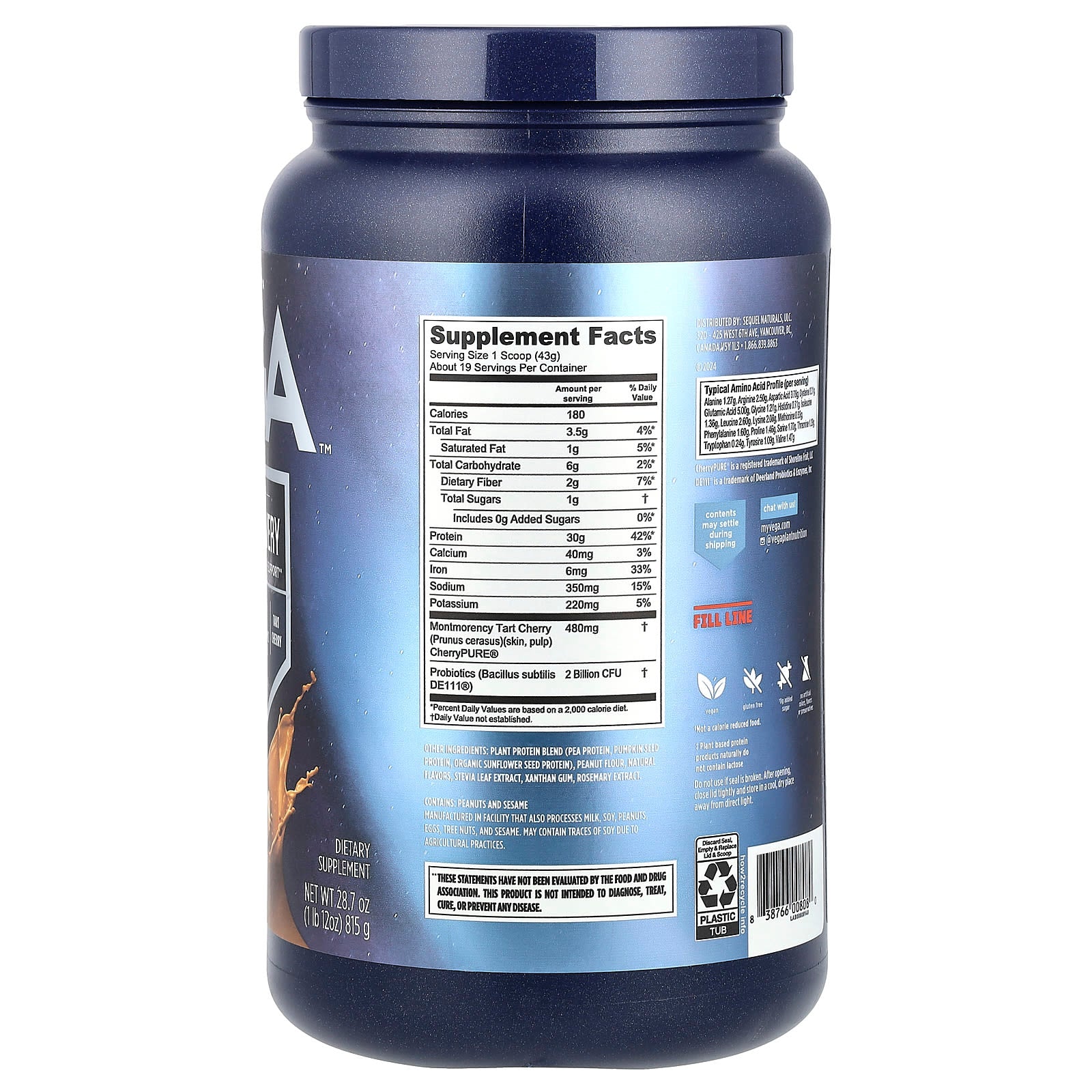 Vega, Performance, Protein + Recovery, Peanut Butter, 1 lb 12 oz (815 g) - Image 2