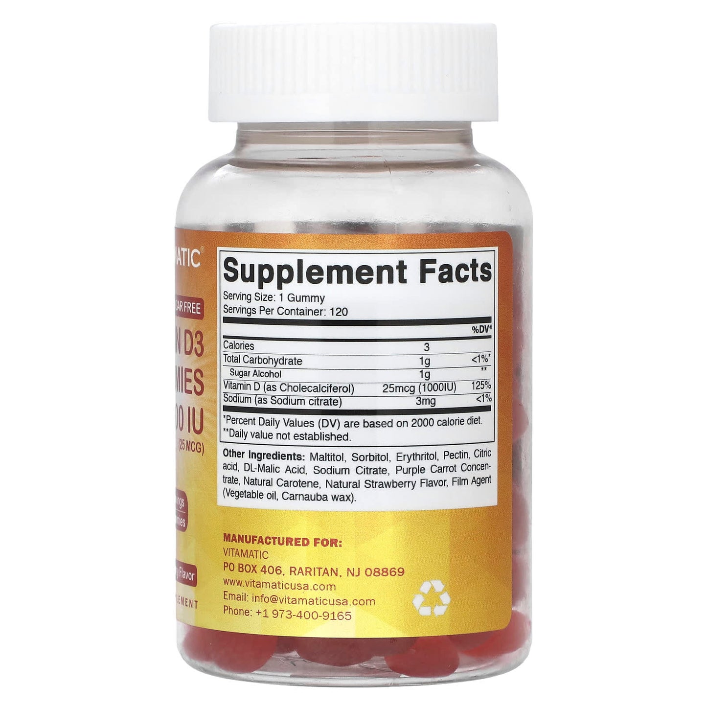 Vitamatic, Vitamin D3 Gummies, Natural Strawberry, 1,000 IU (25 mcg), 120 Gummies - Image 2