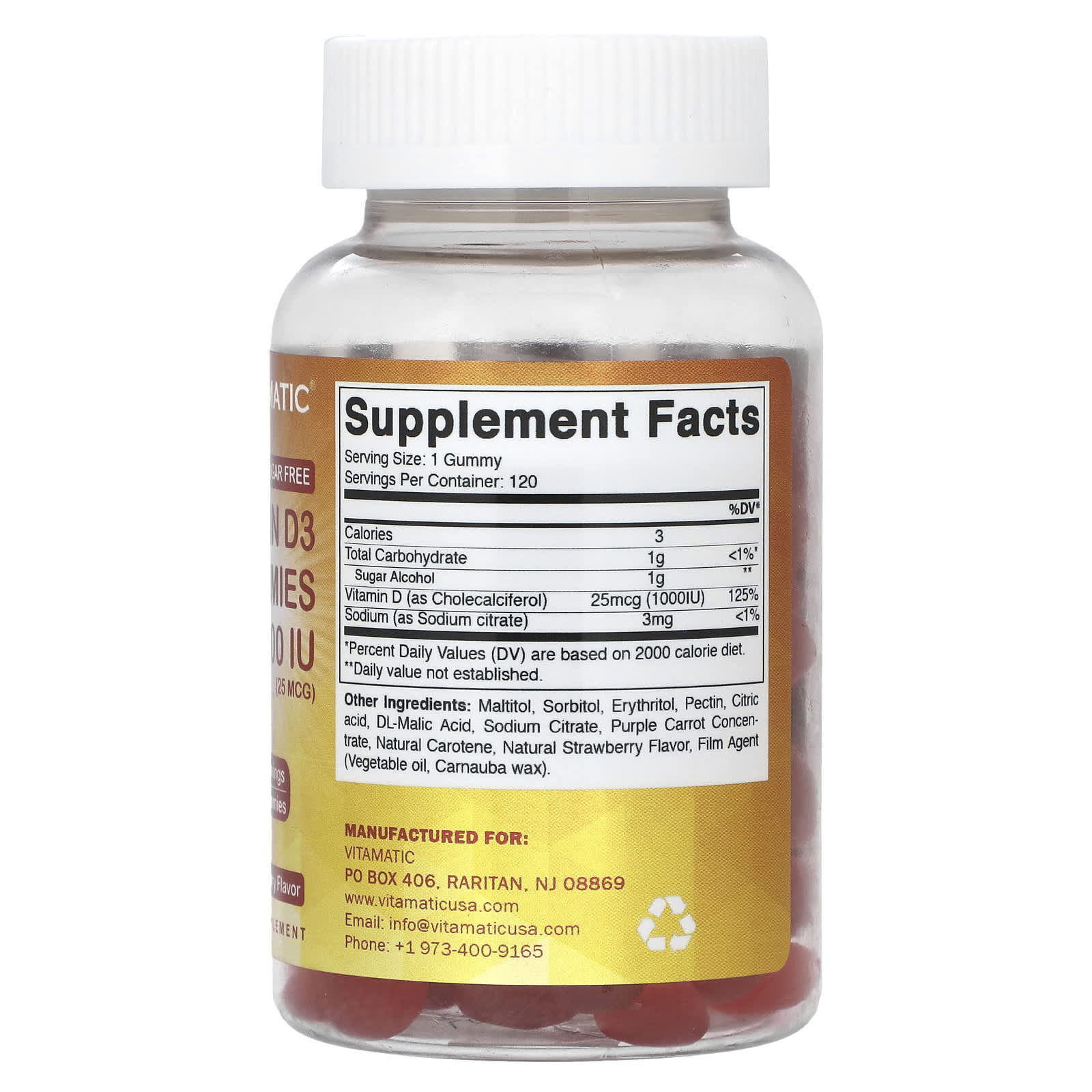 Vitamatic, Vitamin D3 Gummies, Natural Strawberry, 1,000 IU (25 mcg), 120 Gummies - Image 2