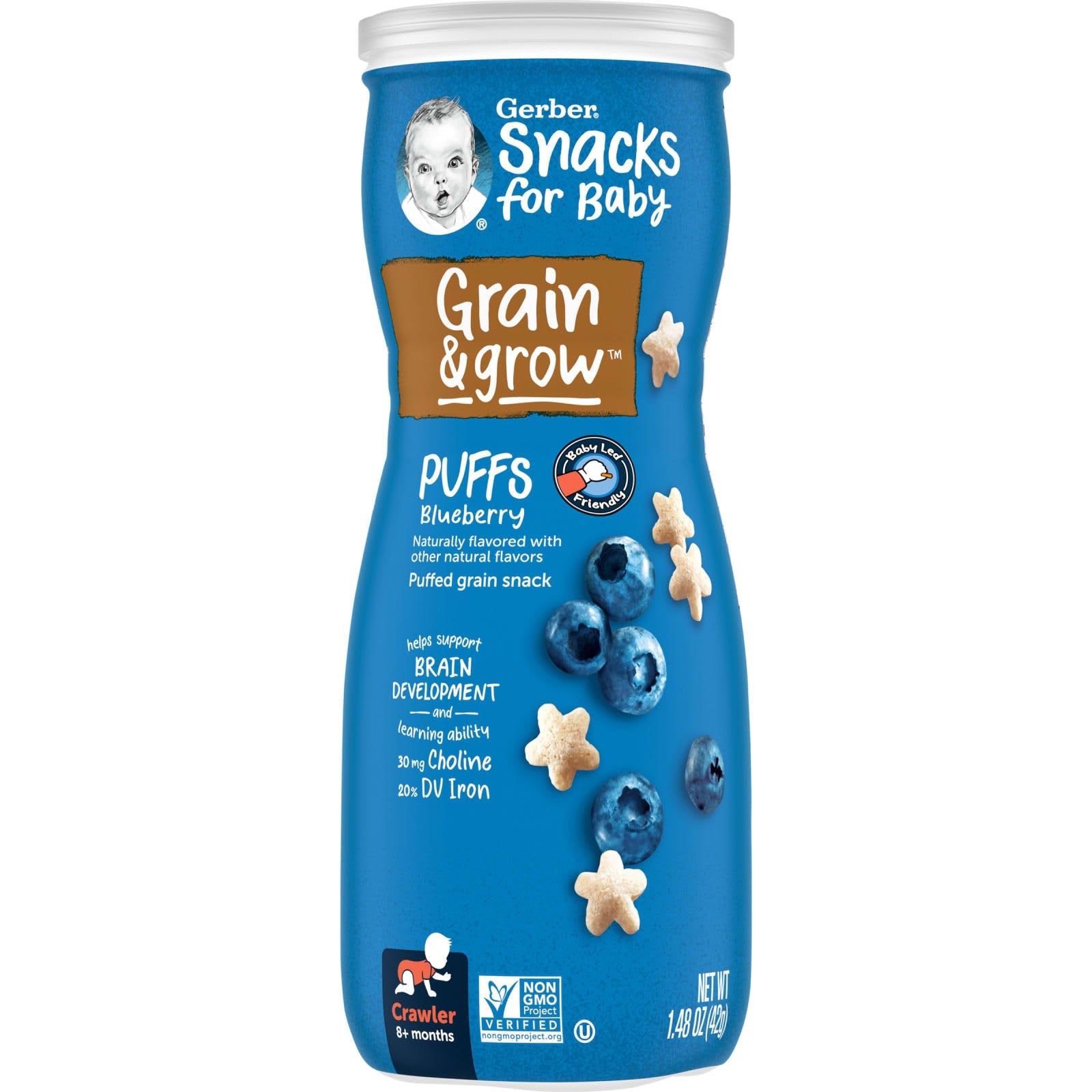 Gerber Grain & Grow Puffs for Babies, 8+ Months, Blueberry, 1.48 oz (42 g) - Image 1