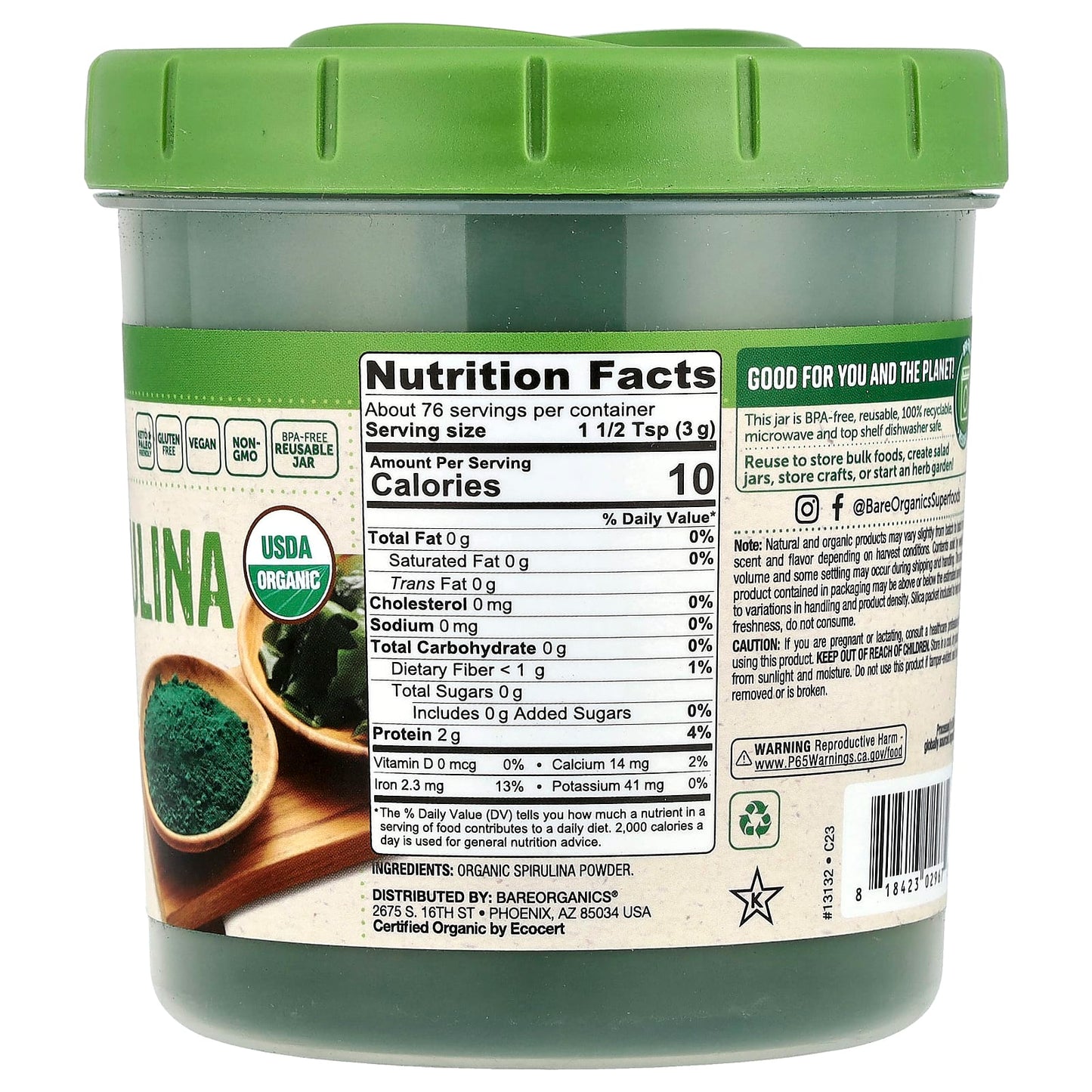 BareOrganics Organic Spirulina Powder 8 oz - Keto & Paleo Friendly - Image 2