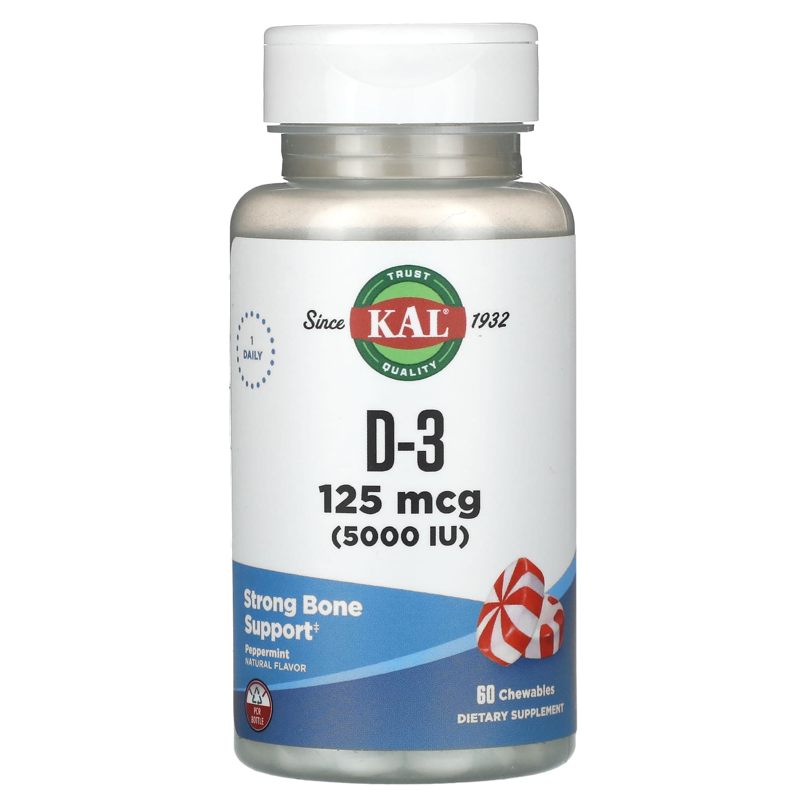 KAL, D-3, Peppermint, 125 mcg (5,000 IU), 60 Chewables - Image 1
